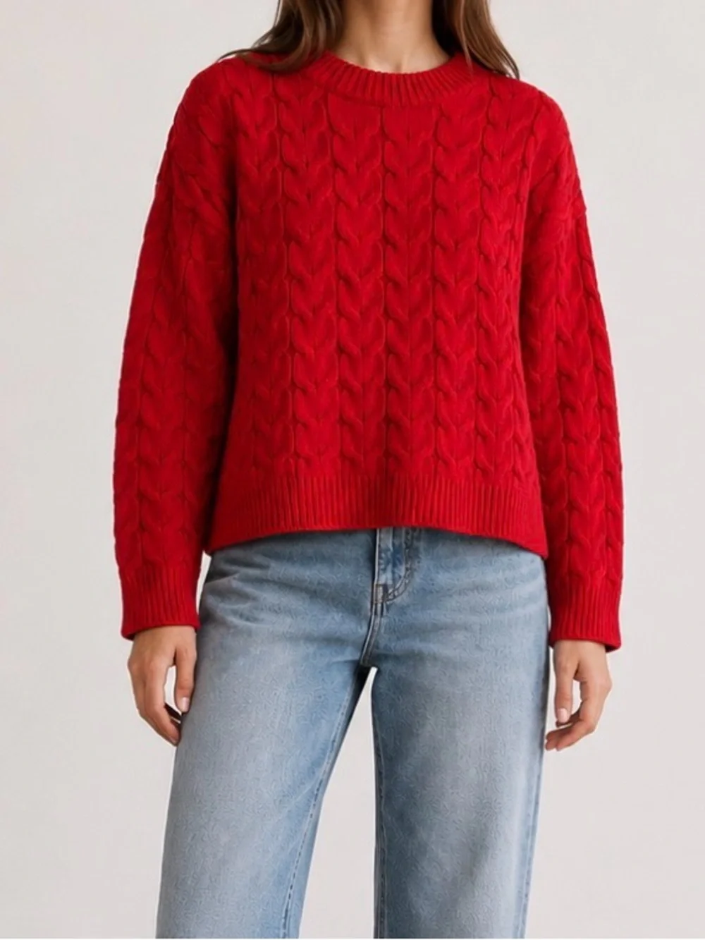 Mango Red Cable Knit Crewneck Chunky Oversized Cozy Sweater Pullover